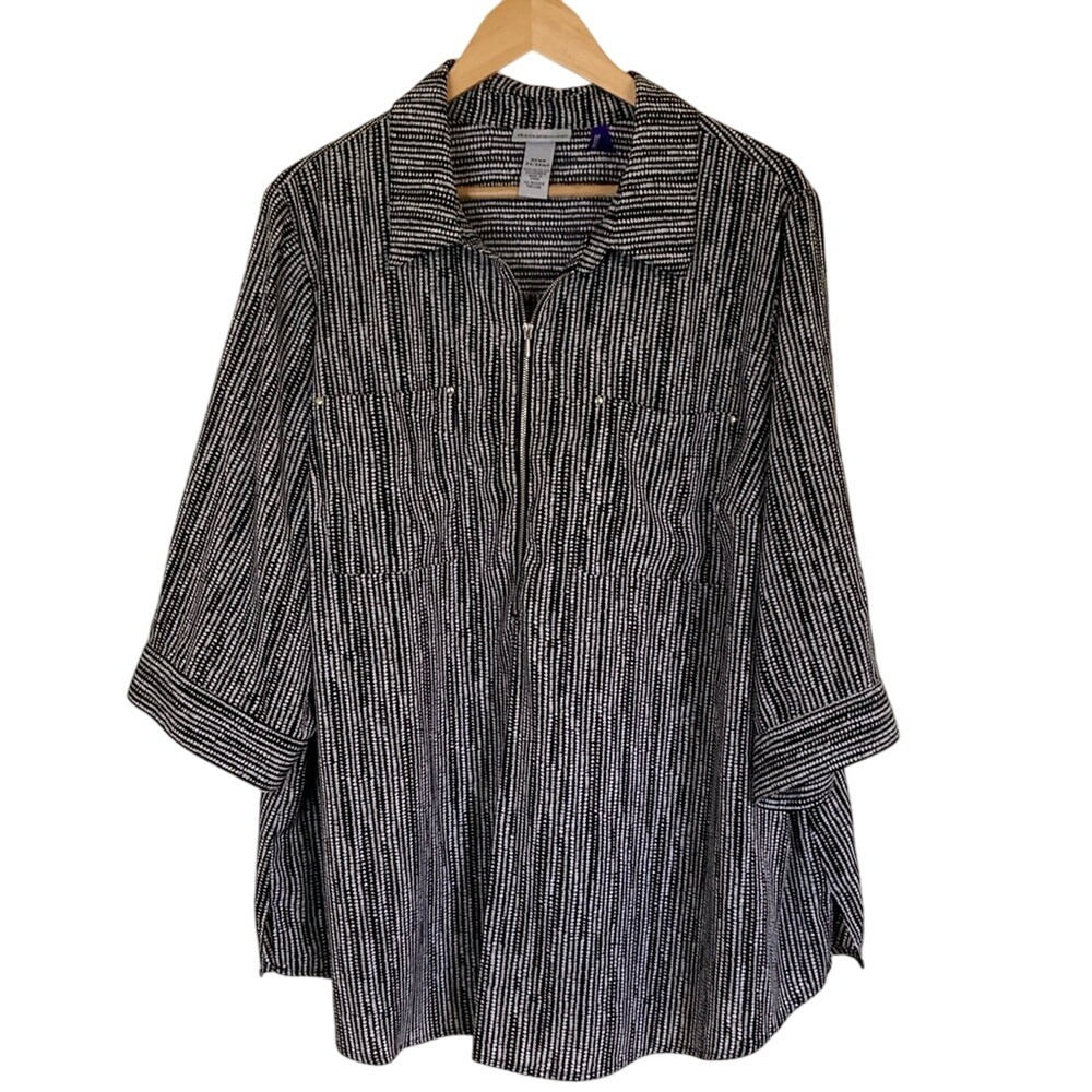 Catherines Womens Popover Black White Blouse Size 2XP 3/4 Sleeve Office Dressy
